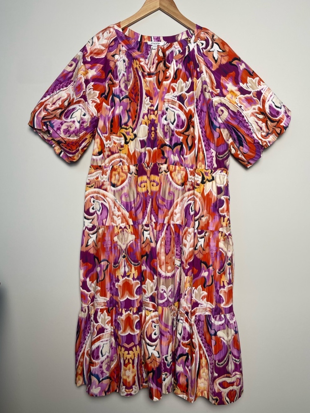 Chico’s | 40th Anniversary Tiered Midi Dress Puff Sleeve Poplin Pima Cotton 16 - Picture 1 of 7